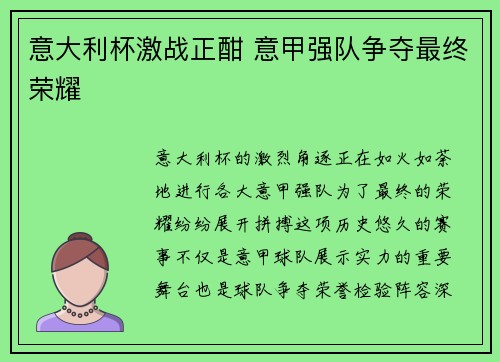 意大利杯激战正酣 意甲强队争夺最终荣耀