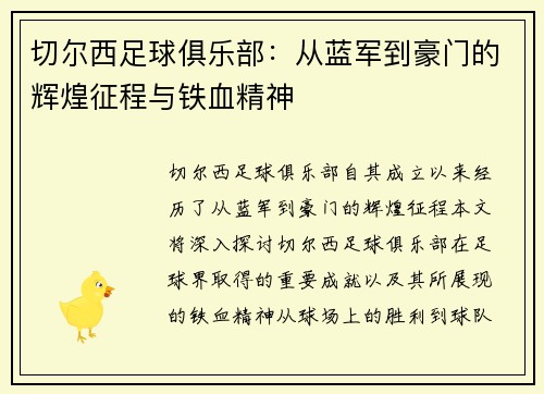 切尔西足球俱乐部：从蓝军到豪门的辉煌征程与铁血精神