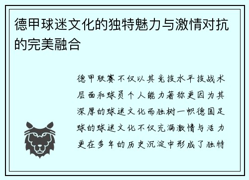 德甲球迷文化的独特魅力与激情对抗的完美融合